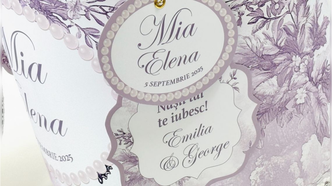 Trusou botez Purple Toile cu fluturi și flori mov personalizat 26
